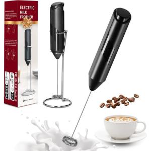 imageYSSOA Electric Milk Frother Handheld Battery Operated Automatic Milk Foam Whisk Drink Mixer for Coffee Frappe Latte Matcha Black1 Pack with Stand