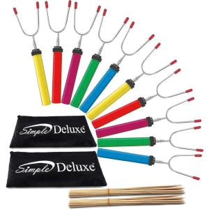 imageSimple Deluxe 15 Pcs 34 inch Marshmallow Roasting Sticks Smores Kit Extendable Design Telescoping Skewers ampamp Hot Dog Forks with Wooden Handle34 inch Stick