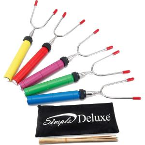 imageSimple Deluxe 15 Pcs 34 inch Marshmallow Roasting Sticks Smores Kit Extendable Design Telescoping Skewers ampamp Hot Dog Forks with Wooden Handle5Pack