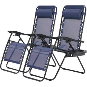imageSimple Deluxe 2 Set Zero Gravity Chairs Patio Portable Reclining Folding Lounge Chair Beach Camping Chairs with Pillow and Cup Holder Trays for Garden Poolside Blue2 Set Blue