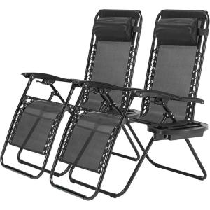 imageSimple Deluxe 2 Set Zero Gravity Chairs Patio Portable Reclining Folding Lounge Chair Beach Camping Chairs with Pillow and Cup Holder Trays for Garden Poolside Blue2 Set Black