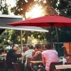 imageSimple Deluxe 9ft Outdoor Market Table Patio Umbrella with Button TiltRedBlack