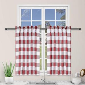 imageSimple Deluxe Buffalo Check Kitchen Tier Curtains Plaid Gingham Small Curtain for Half Cafe Windows 26quot W x 30quot L White and Red