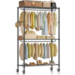 imageSimple Deluxe Rolling Clothes Rack Heavy Duty Clothing Rack 3Shelf Portable Adjustable Garment Rack with Wheels Wardrobe Closet with Side Hooks 433quot W x 177quot D x 803quot H BlackBlack Big