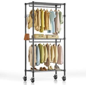 imageSimple Deluxe Rolling Clothes Rack Heavy Duty Clothing Rack 3Shelf Portable Adjustable Garment Rack with Wheels Wardrobe Closet with Side Hooks 433quot W x 177quot D x 803quot H BlackBlack Medium