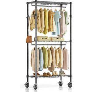 imageSimple Deluxe Rolling Clothes Rack Heavy Duty Clothing Rack 3Shelf Portable Adjustable Garment Rack with Wheels Wardrobe Closet with Side Hooks 433quot W x 177quot D x 803quot H BlackBlack Basic